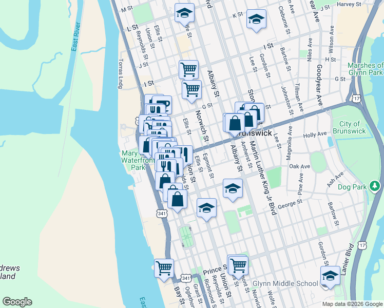 map of restaurants, bars, coffee shops, grocery stores, and more near 1415 Union Street in Brunswick