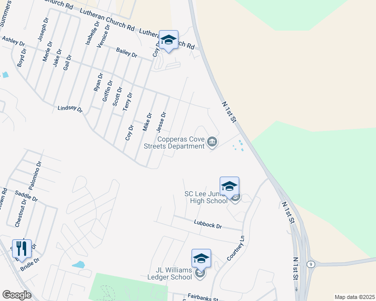 map of restaurants, bars, coffee shops, grocery stores, and more near 1625 Farm to Market Road 116 in Copperas Cove