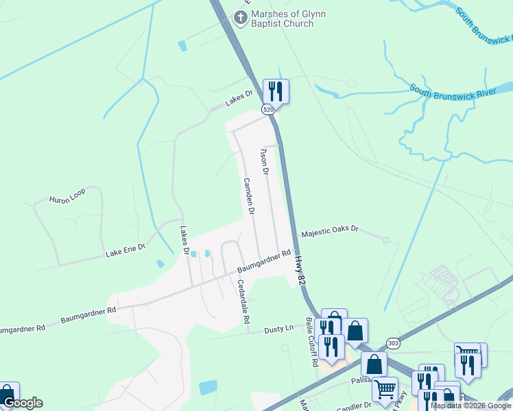 map of restaurants, bars, coffee shops, grocery stores, and more near 137 Tison Drive in Brunswick