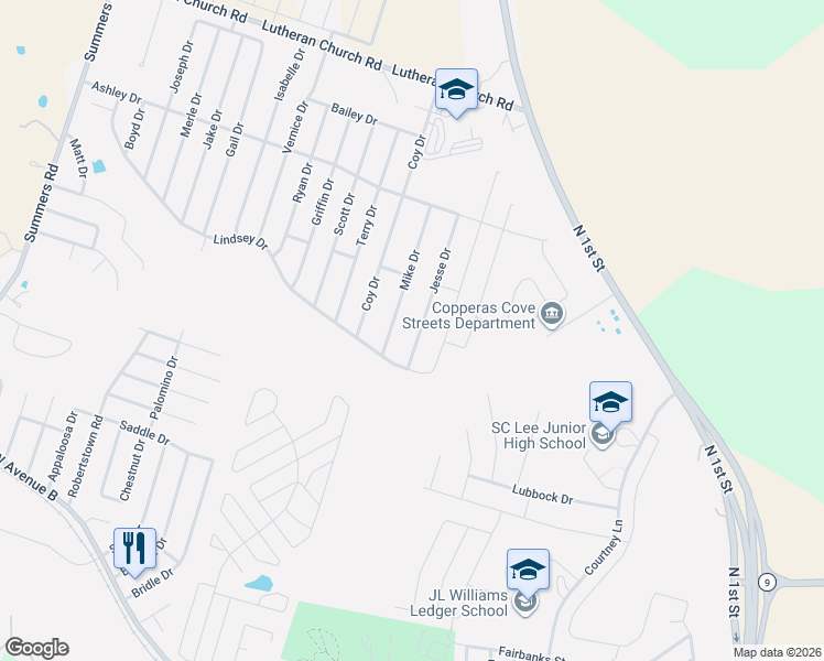 map of restaurants, bars, coffee shops, grocery stores, and more near 1806 Jesse Drive in Copperas Cove
