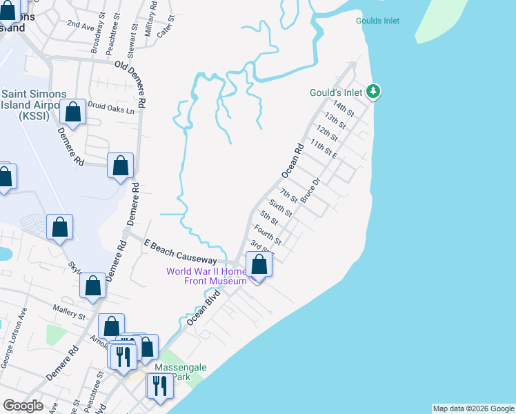 map of restaurants, bars, coffee shops, grocery stores, and more near 1800 Ocean Road in Saint Simons Island
