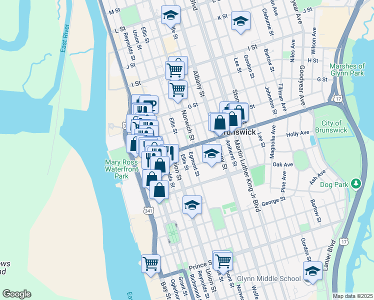 map of restaurants, bars, coffee shops, grocery stores, and more near in Brunswick