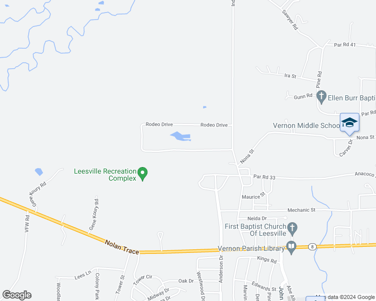 map of restaurants, bars, coffee shops, grocery stores, and more near Rodeo Drive in Leesville