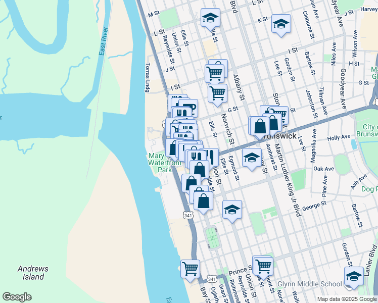 map of restaurants, bars, coffee shops, grocery stores, and more near 504 F Street in Brunswick