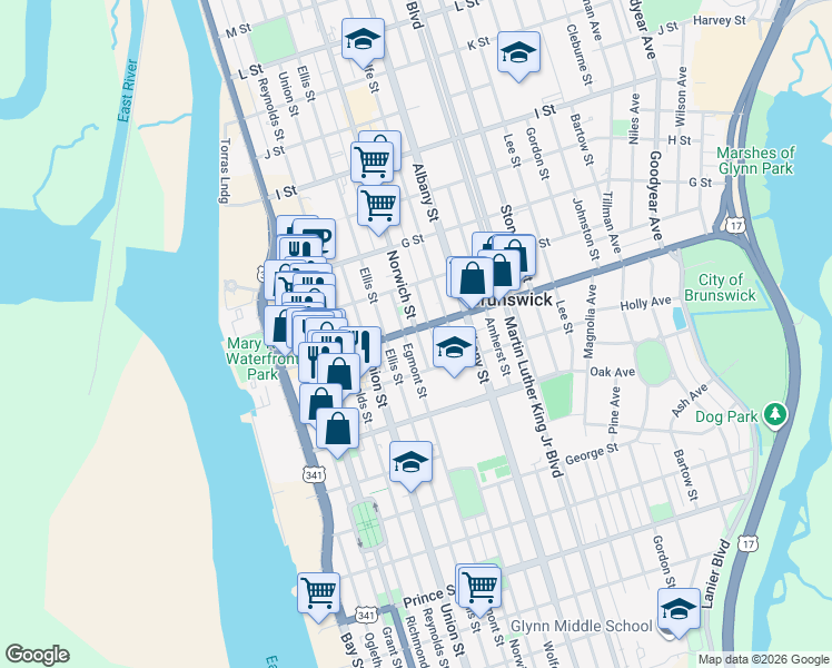 map of restaurants, bars, coffee shops, grocery stores, and more near in Brunswick