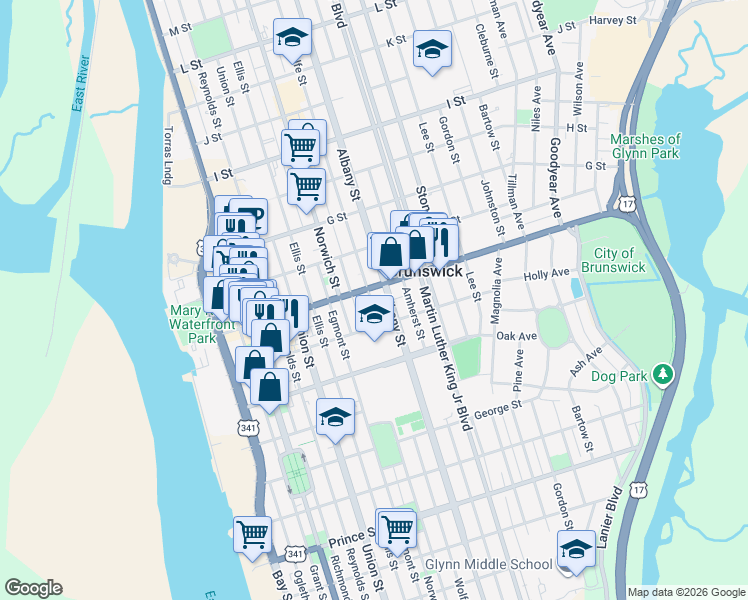 map of restaurants, bars, coffee shops, grocery stores, and more near in Brunswick