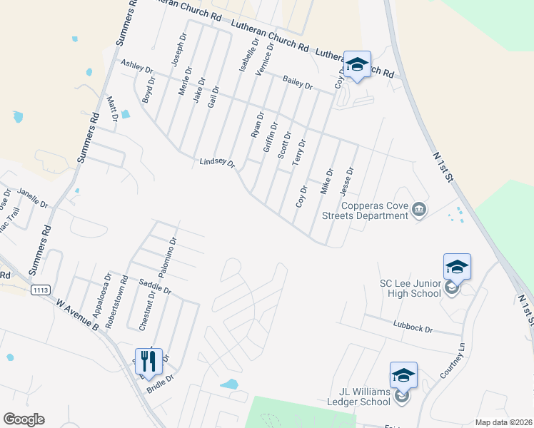 map of restaurants, bars, coffee shops, grocery stores, and more near 2007 Lindsey Drive in Copperas Cove