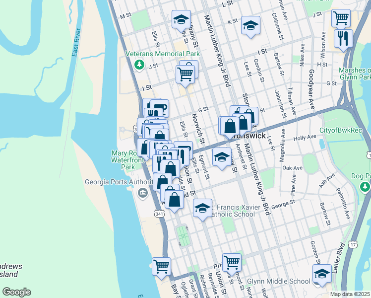 map of restaurants, bars, coffee shops, grocery stores, and more near 1519 Union Street in Brunswick