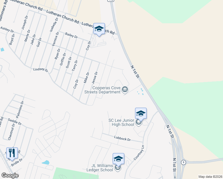 map of restaurants, bars, coffee shops, grocery stores, and more near 2102 Jesse Drive in Copperas Cove