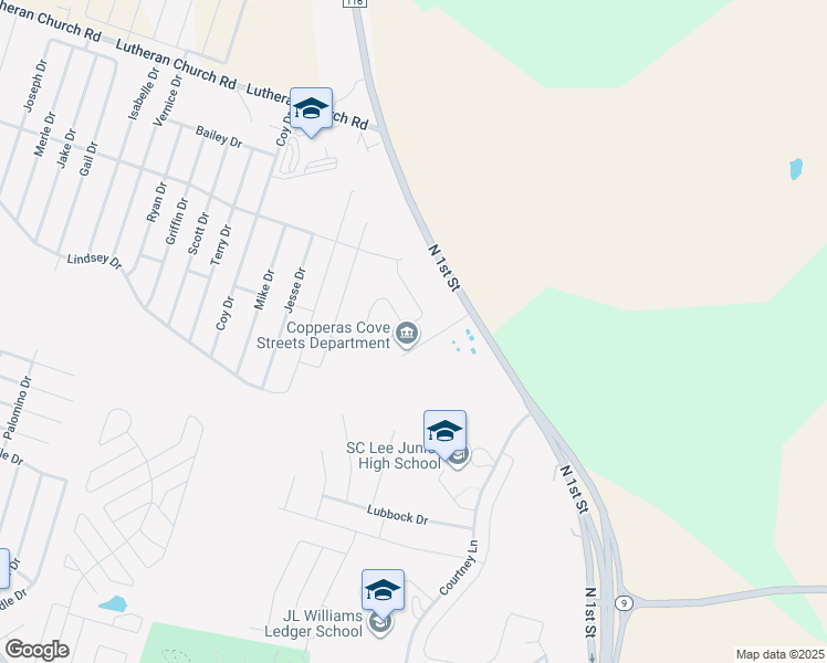 map of restaurants, bars, coffee shops, grocery stores, and more near 1601 North 1st Street in Copperas Cove