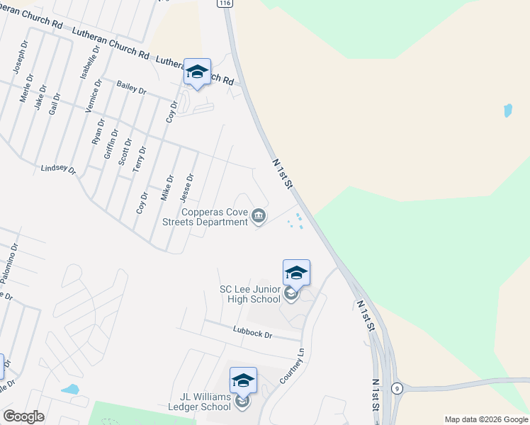 map of restaurants, bars, coffee shops, grocery stores, and more near 1601 North 1st Street in Copperas Cove