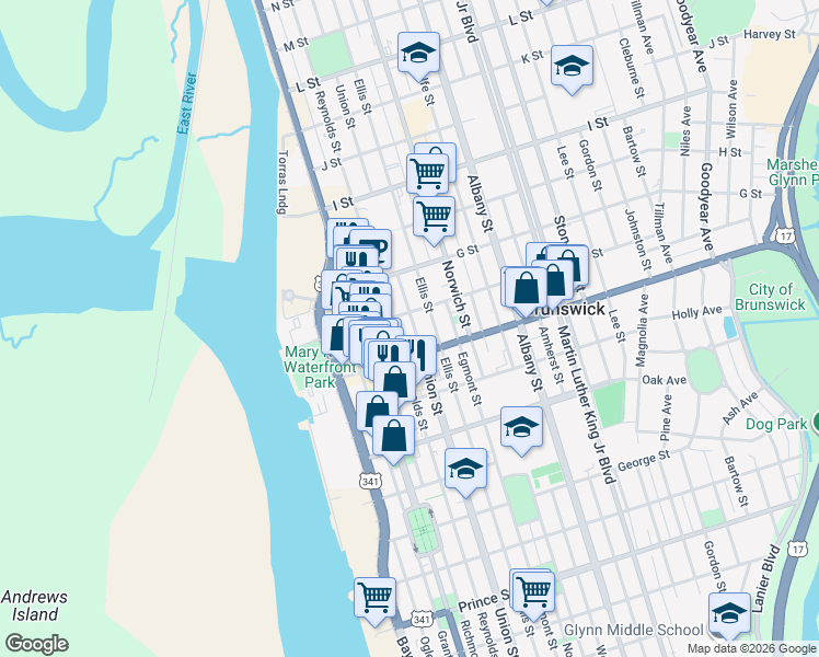 map of restaurants, bars, coffee shops, grocery stores, and more near 1519 Union Street in Brunswick