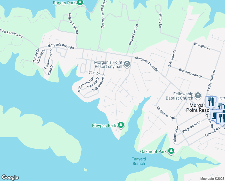 map of restaurants, bars, coffee shops, grocery stores, and more near 28 Morgan's Point Boulevard in Belton