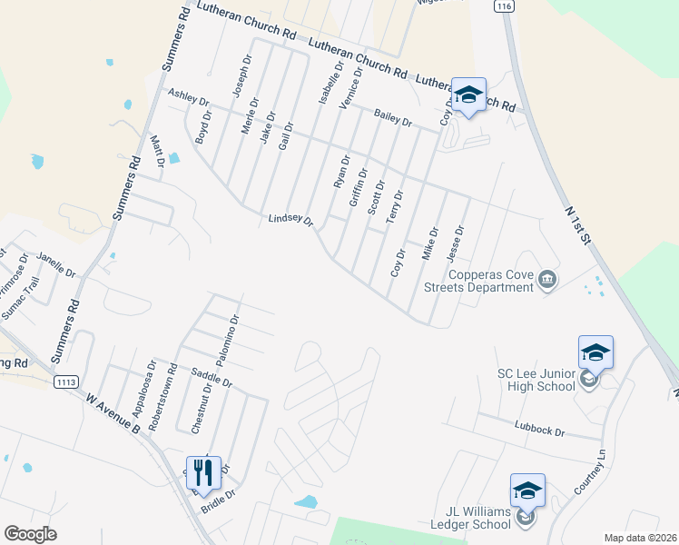 map of restaurants, bars, coffee shops, grocery stores, and more near 2007 Lindsey Drive in Copperas Cove