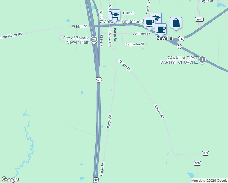 map of restaurants, bars, coffee shops, grocery stores, and more near 550-762 Barge Road in Zavalla