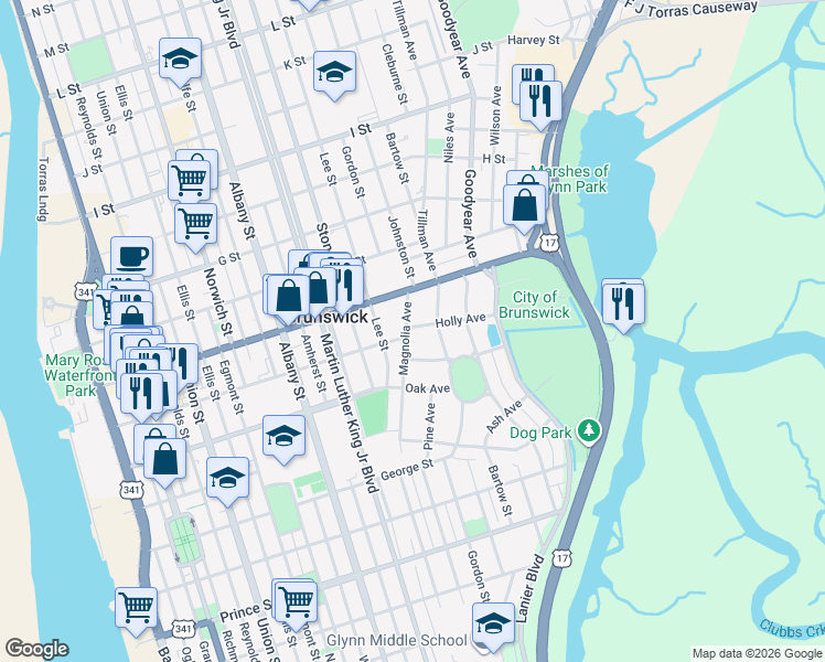 map of restaurants, bars, coffee shops, grocery stores, and more near 1902 Holly Avenue in Brunswick