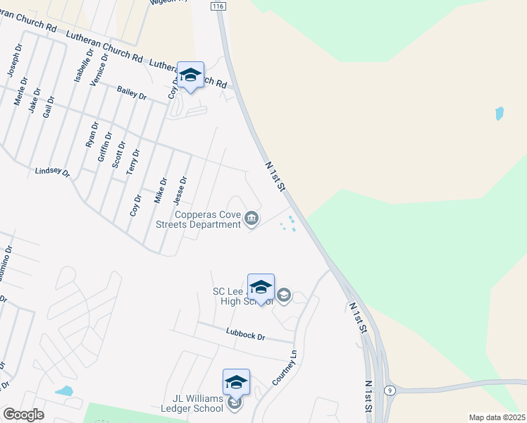 map of restaurants, bars, coffee shops, grocery stores, and more near 1601 North 1st Street in Copperas Cove