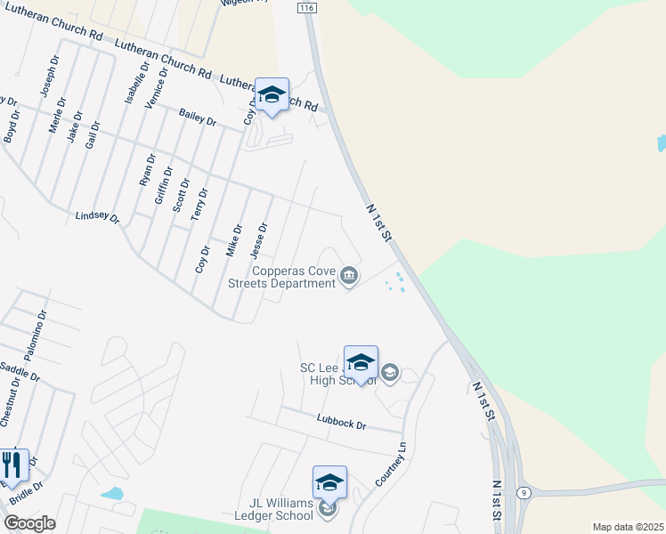 map of restaurants, bars, coffee shops, grocery stores, and more near 1601 North 1st Street in Copperas Cove