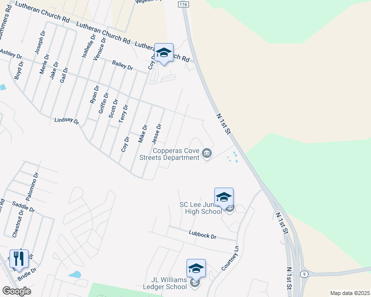 map of restaurants, bars, coffee shops, grocery stores, and more near 2102 Jesse Drive in Copperas Cove