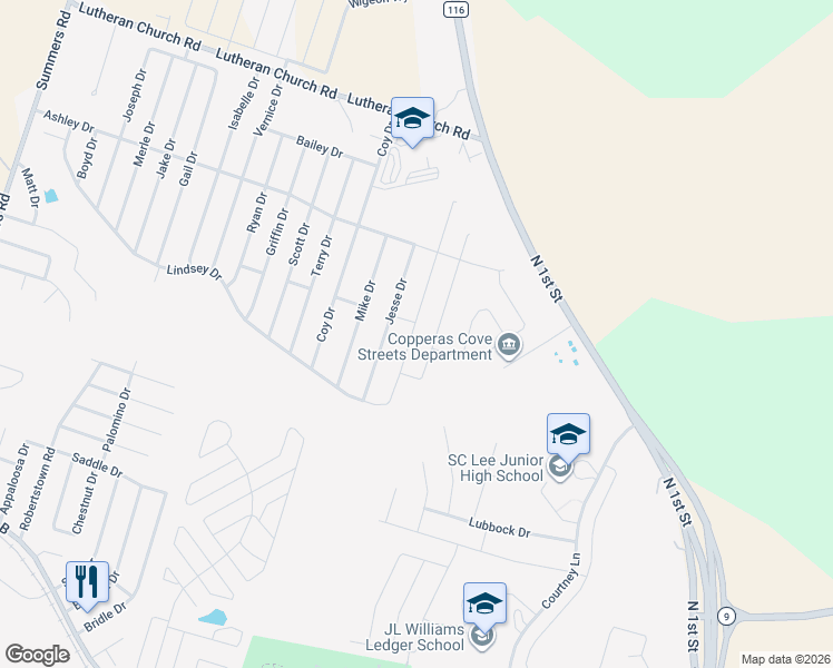 map of restaurants, bars, coffee shops, grocery stores, and more near 2004 Jesse Drive in Copperas Cove