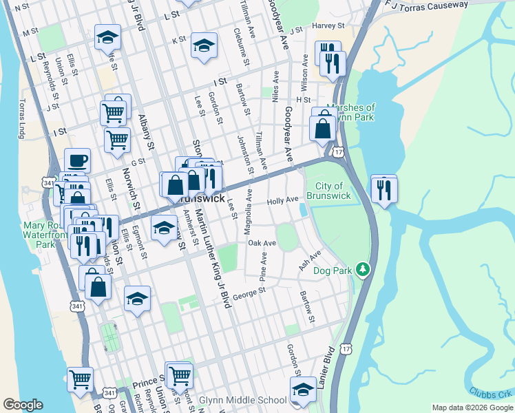 map of restaurants, bars, coffee shops, grocery stores, and more near 1902 Holly Avenue in Brunswick
