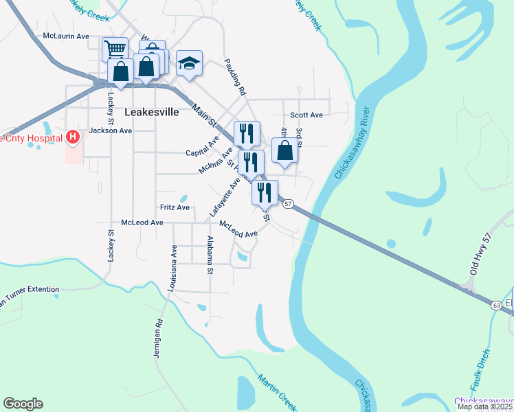 map of restaurants, bars, coffee shops, grocery stores, and more near Dobbins Avenue in Leakesville