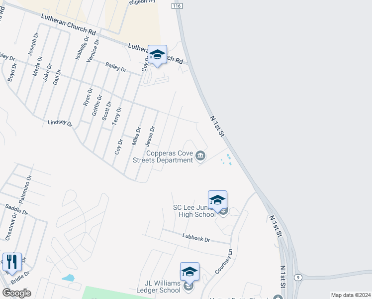 map of restaurants, bars, coffee shops, grocery stores, and more near 1601 North 1st Street in Copperas Cove