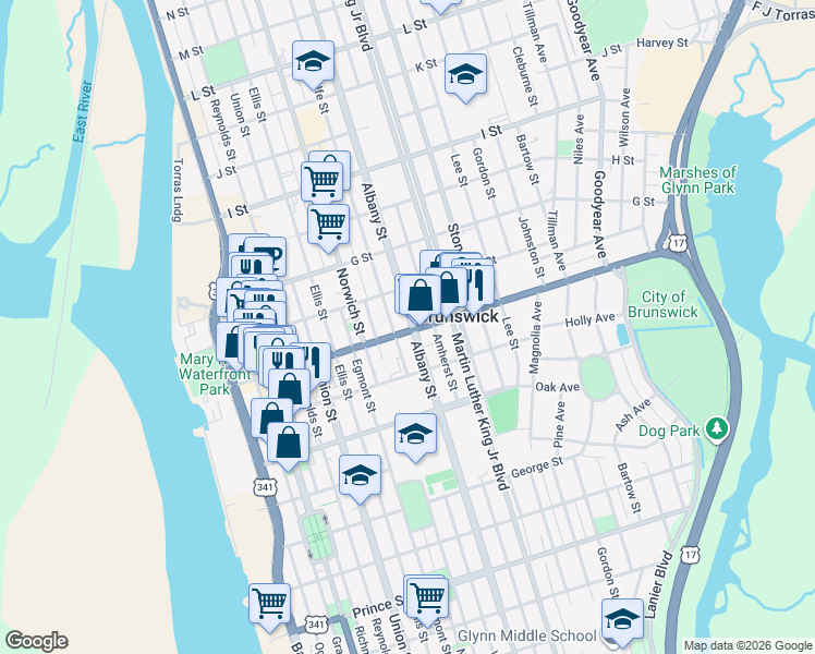 map of restaurants, bars, coffee shops, grocery stores, and more near 1209 Gloucester St in Brunswick