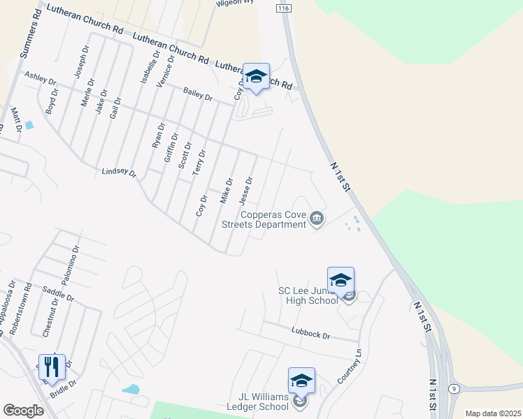 map of restaurants, bars, coffee shops, grocery stores, and more near 2004 Jesse Drive in Copperas Cove