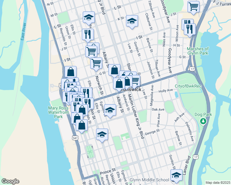 map of restaurants, bars, coffee shops, grocery stores, and more near in Brunswick