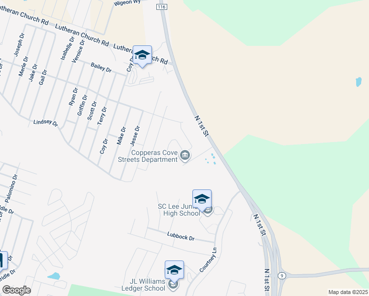 map of restaurants, bars, coffee shops, grocery stores, and more near 1601 North 1st Street in Copperas Cove