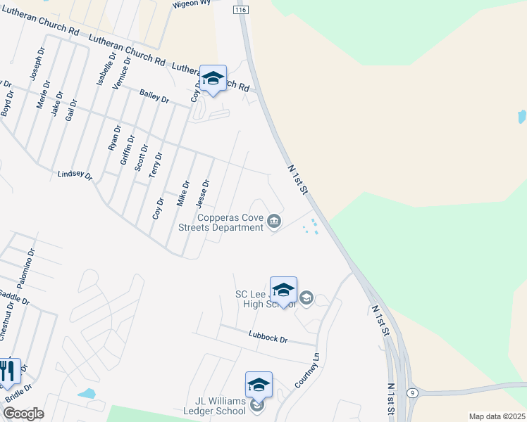 map of restaurants, bars, coffee shops, grocery stores, and more near 1601 North 1st Street in Copperas Cove