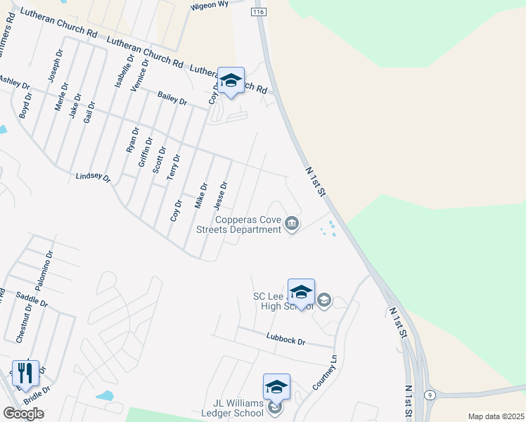 map of restaurants, bars, coffee shops, grocery stores, and more near 2102 Jesse Drive in Copperas Cove