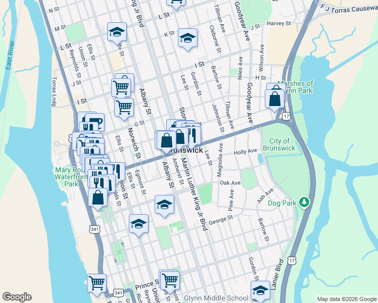 map of restaurants, bars, coffee shops, grocery stores, and more near in Brunswick
