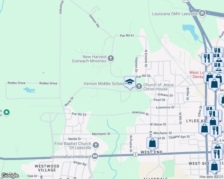 map of restaurants, bars, coffee shops, grocery stores, and more near 1410 Nona Street in Leesville