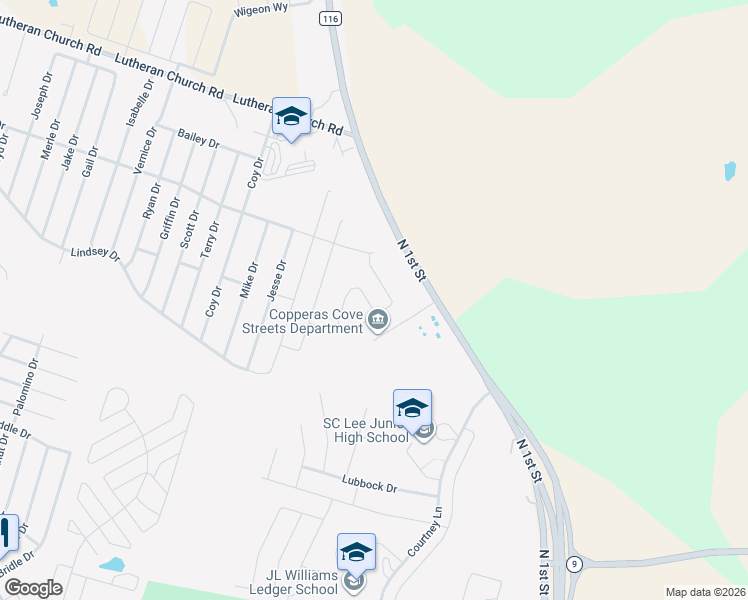 map of restaurants, bars, coffee shops, grocery stores, and more near 1601 North 1st Street in Copperas Cove