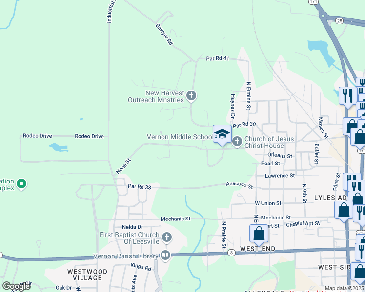 map of restaurants, bars, coffee shops, grocery stores, and more near 1410 Nona Street in Leesville