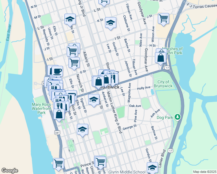 map of restaurants, bars, coffee shops, grocery stores, and more near in Brunswick