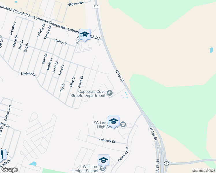 map of restaurants, bars, coffee shops, grocery stores, and more near 1601 North 1st Street in Copperas Cove