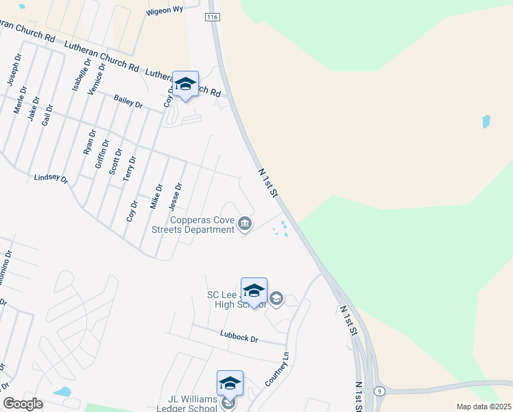 map of restaurants, bars, coffee shops, grocery stores, and more near 1601 North 1st Street in Copperas Cove