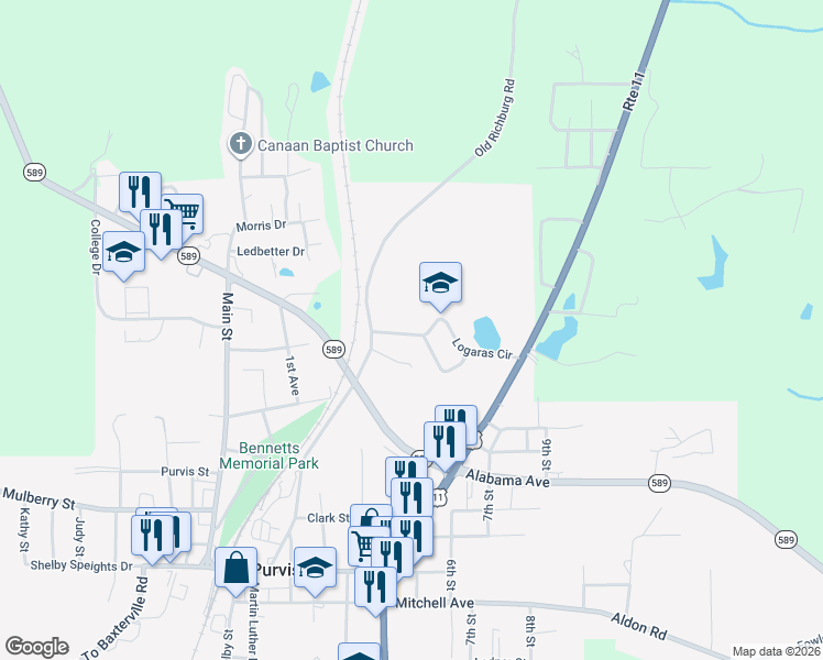 map of restaurants, bars, coffee shops, grocery stores, and more near 16 Logaras Circle in Purvis
