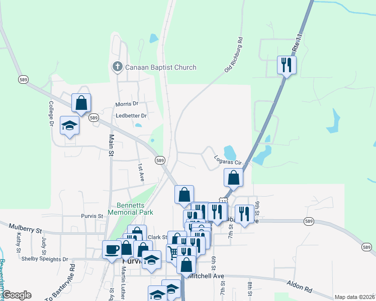 map of restaurants, bars, coffee shops, grocery stores, and more near 16 Logaras Circle in Purvis