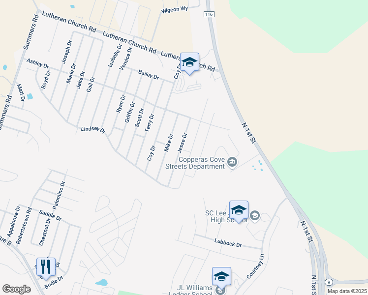 map of restaurants, bars, coffee shops, grocery stores, and more near 2102 Jesse Drive in Copperas Cove