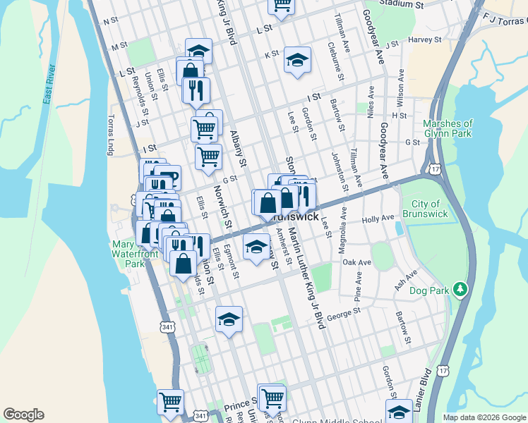 map of restaurants, bars, coffee shops, grocery stores, and more near 1522 Amherst Street in Brunswick