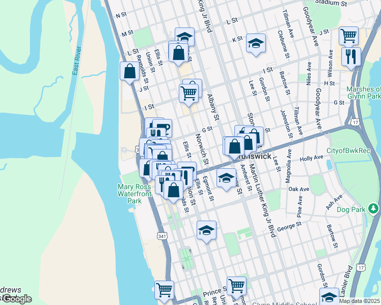 map of restaurants, bars, coffee shops, grocery stores, and more near 1621 Ellis Street in Brunswick