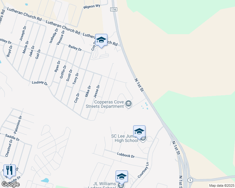 map of restaurants, bars, coffee shops, grocery stores, and more near 1601 North 1st Street in Copperas Cove