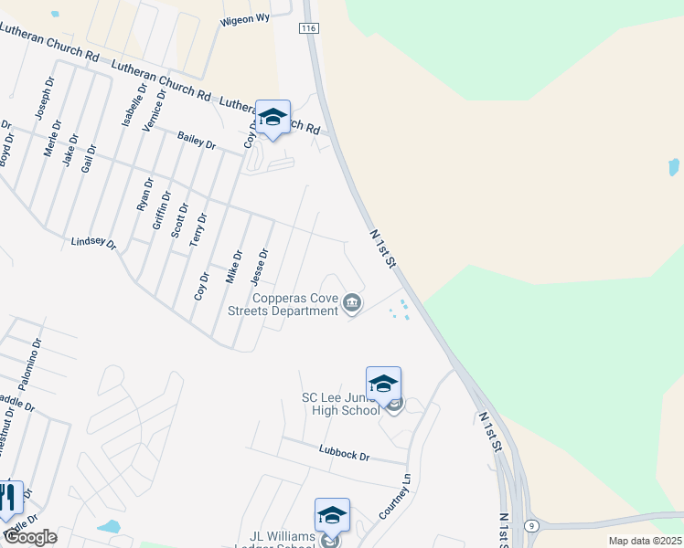 map of restaurants, bars, coffee shops, grocery stores, and more near 1601 North 1st Street in Copperas Cove