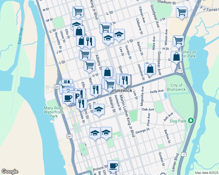 map of restaurants, bars, coffee shops, grocery stores, and more near 1522 Amherst Street in Brunswick