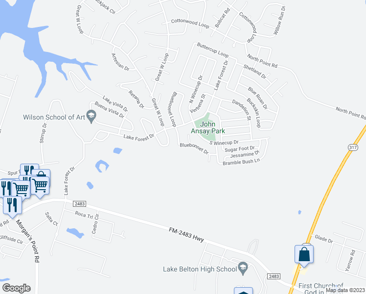 map of restaurants, bars, coffee shops, grocery stores, and more near 28 Bluebonnet Drive in Morgan's Point Resort