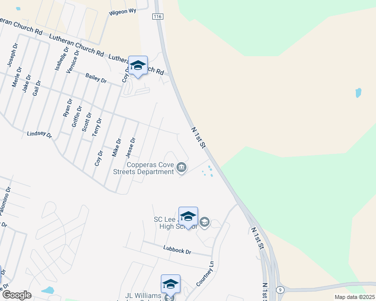 map of restaurants, bars, coffee shops, grocery stores, and more near 1601 North 1st Street in Copperas Cove